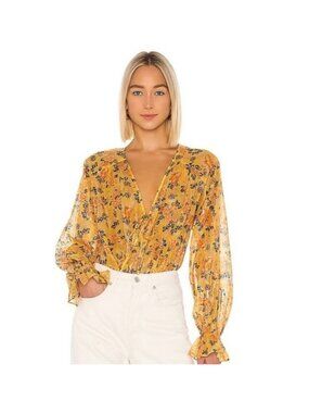 Revolve Tularosa Adine Golden Rose Floral Flounce Sleeve Surplice Bodysuit Sz XS
